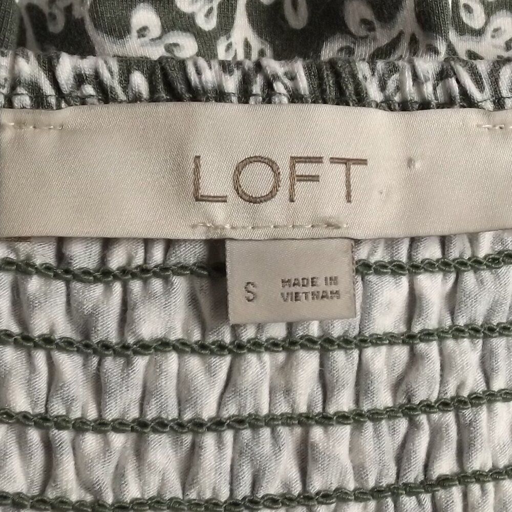 LOFT Summer Dress, S, Smocked Bodice, Straps, Green/White Ivy print,Knee length - Picture 12 of 13